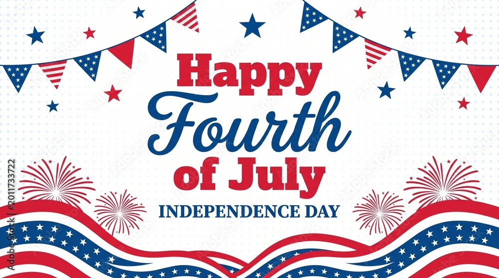 Obraz premium Happy Fourth of July Independence Day Celebration Banner with American Flag Bunting and Fireworks