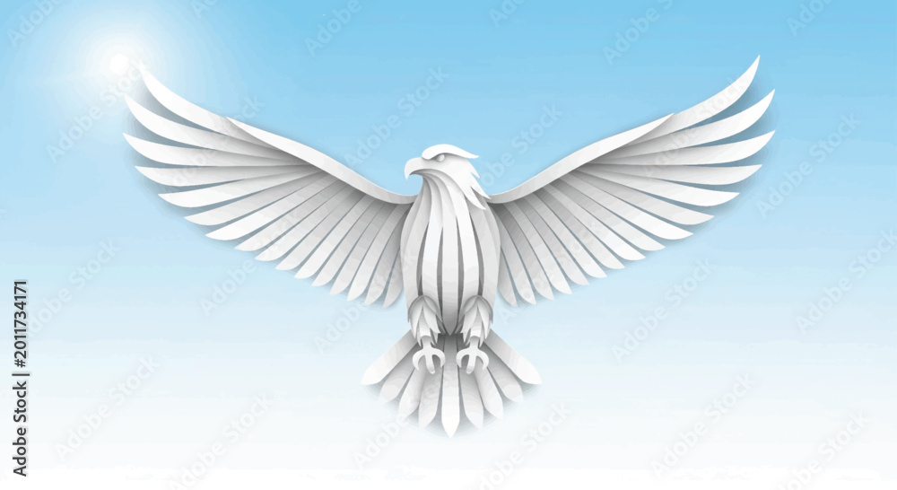Fototapeta premium White dove, flying bird, wings spread, sunny sky background, peaceful symbol