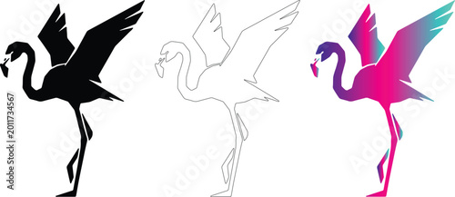 Flamingo logo vector set with silhouette outline and gradient on transparent background