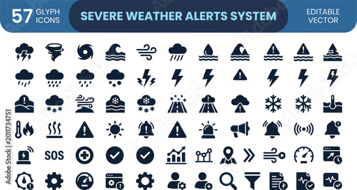 Tableau sur toile Severe Weather Alerts System Icon Set Featuring Storm, Lightning, Flood, Wind, E
