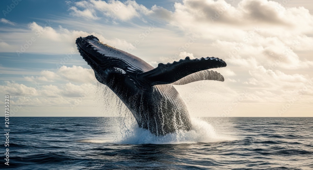 Fototapeta premium Majestic marine mammal breaches sea surface, sky backdrop