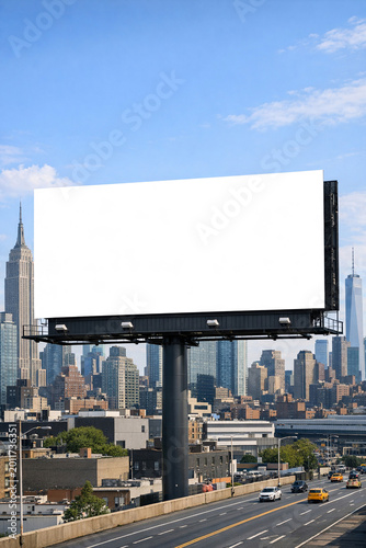 A blank billboard sign overlooking a bustling city skyline.