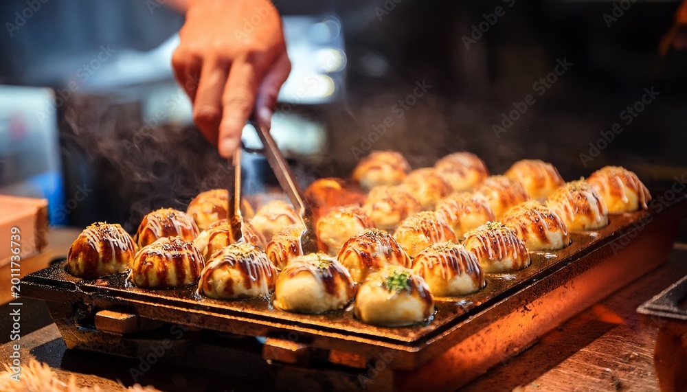 Fototapeta premium takoyaki cooking on hot pan japan street food osaka snack shop japan travel
