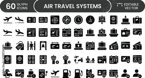 Air Travel Systems Icon Set Featuring Flights, Airports, Boarding, Navigation, Tickets, Baggage and Aviation Management Concepts