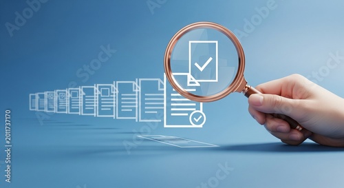 Magnifying glass over documents with checkmarks, symbolizing audit and verification