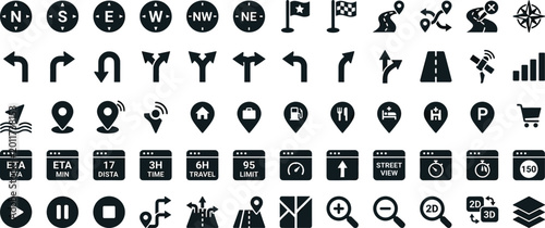 Photos Navigation and GPS Interface Icon Set Featuring Directions, Compass, Location Pi