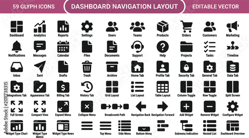 Dashboard Navigation Layout Icon Set Featuring UI Components, Menus, Widgets, Analytics, User Management and Interface Controls Concepts