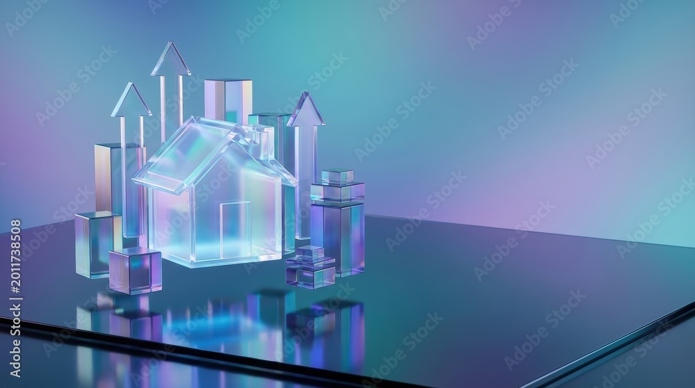 Fototapeta premium Futuristic glass house with luminous arrows symbolizing property investment growth