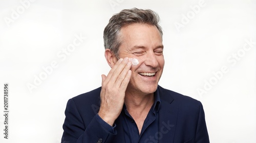 Happy Middle Aged Man Applying Moisturizer Cream on Face Isolated on White