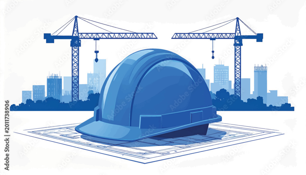 Obraz premium Blue Construction Hard Hat on Blueprint with Tower Cranes and City Skyline Illustration