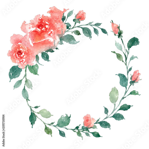 Watercolor Pink Rose Floral Wreath Round Frame Isolated on White Background