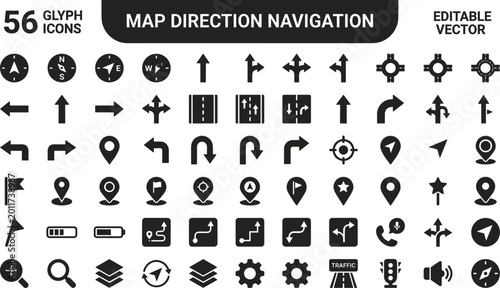 Map Direction Navigation Icon Set Featuring Arrows, Routes, Location Pins, Compass, GPS Tracking and Road Guidance Symbols