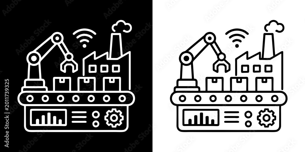 Fototapeta premium Smart factory automation icon with industrial robotics and Industry 4.0 concept