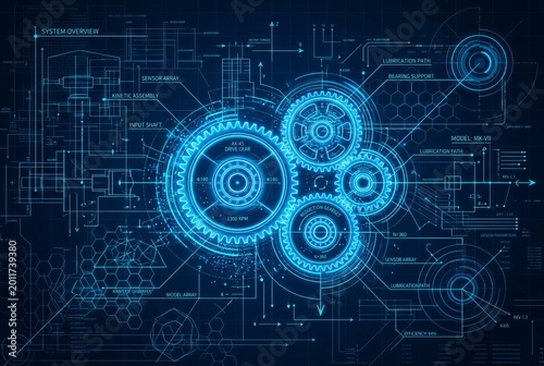 Futuristic Blue Digital Blueprint of Interlocking Gears and Circuits.