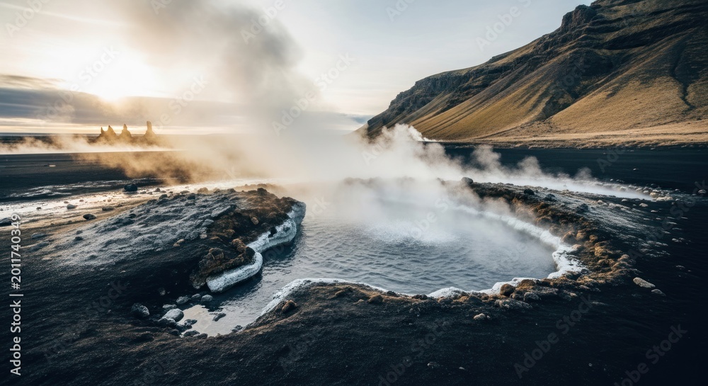 Obraz premium Steaming geothermal pool in a volcanic landscape