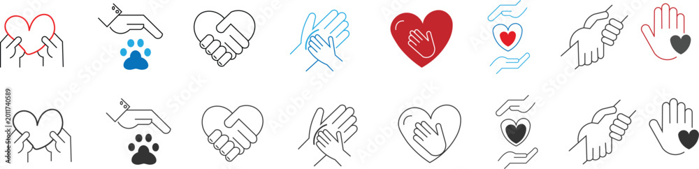 Fototapeta premium handshake icon set symbolizing partnership. Helping hands and support graphics for humanitarian assistance and care logo 