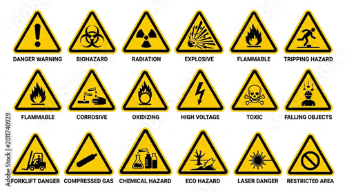 Schilderij op canvas Collection of Yellow Warning Hazard Signs Safety Symbols.