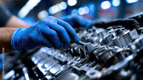 Mechanic engine repair workshop maintenance industrial tool blue glove metal machinery mechanic engine repair workshop maintenance industrial tool blue glove metal machinery detail and focus