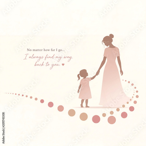 Mother’s Day Minimalist Card with Polka Dot Path, Mom and Child Holding Hands, Emotional Journey Design
