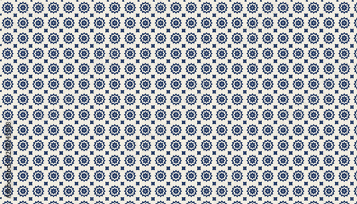 Blue and white floral pattern with geometric shapes design