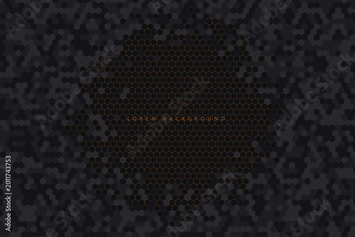 Dark gray background with orange hexagons and text overlay design