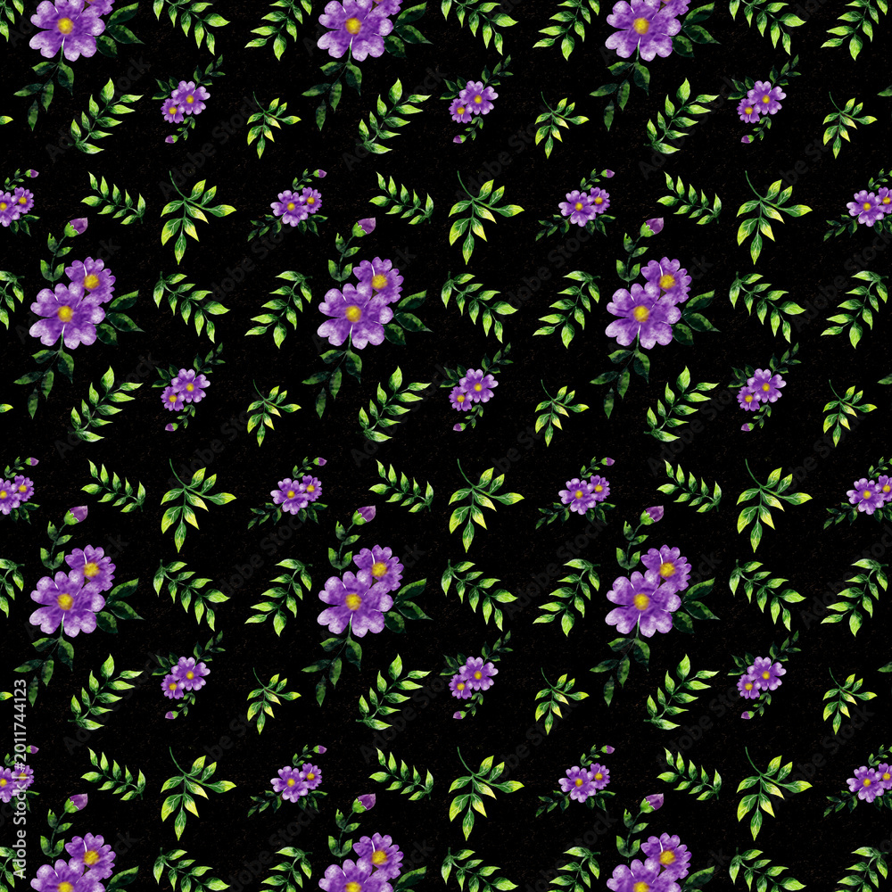 Obraz premium Vibrant purple watercolor floral seamless pattern on black background.
