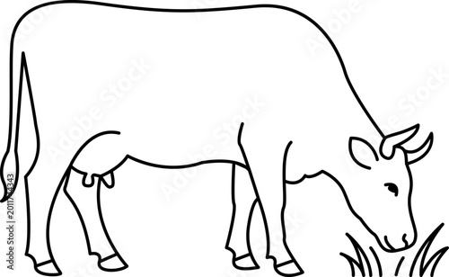Hand Drawn Cow Grazing on Grass Outline Illustration Farm Animal Line Art Rural Livestock Concept.