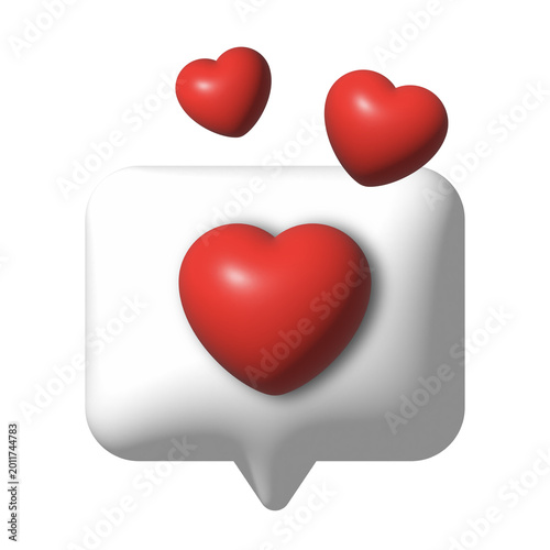 3D heart notification bubble with floating red hearts isolated on transparent background
