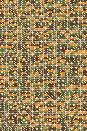 Geometric pattern with green, orange, and brown circles on beige