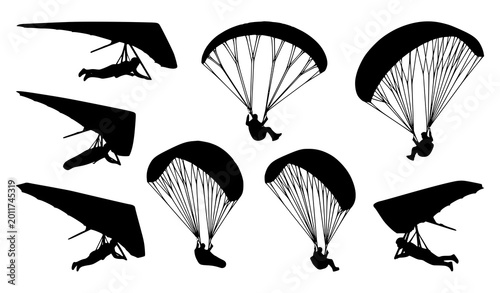 Tableau sur toile Hang gliding and paragliding silhouette set extreme flying sport black icon coll