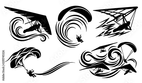 Bild auf Leinwand Stylized hang gliding and paragliding silhouettes with motion shapes extreme spo