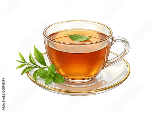 Tea in a glass cup on a saucer with a green leaf (Transparent Background)