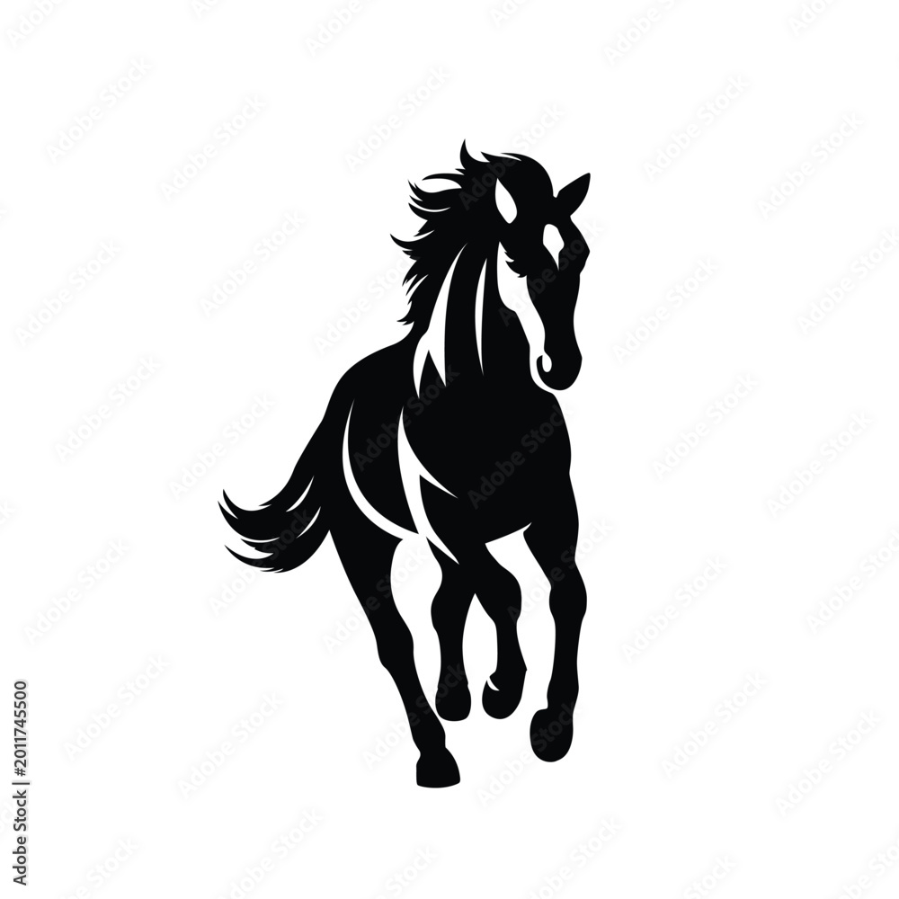 Fototapeta premium Horse silhouette gallops with powerful energy in this minimalist black and white graphic design element.