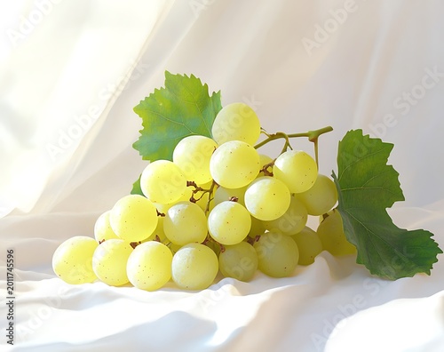 A bunch of green grapes with leaves on a white cloth background
