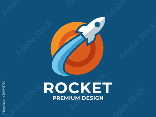 Fotografie This striking logo features a rocket launching into space, symbolizing innovation and ambition, perfect for companies in tech or aerospace industries seeking to convey excitement