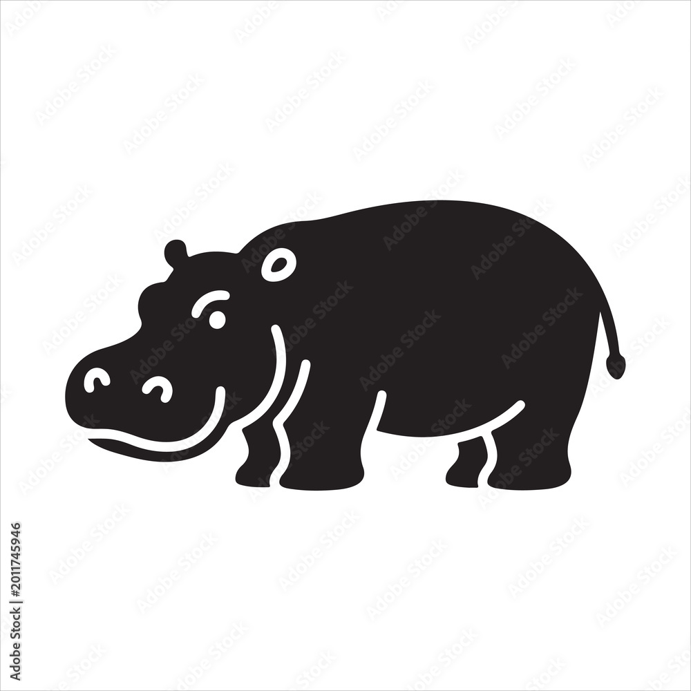 Obraz premium A angry hippopotamus illustration in a simple, black silhouette on white background.