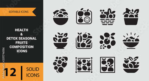 Health detox seasonal fruits composition vector icon set