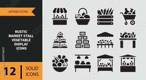 Rustic market stall vegetable display vector icon set