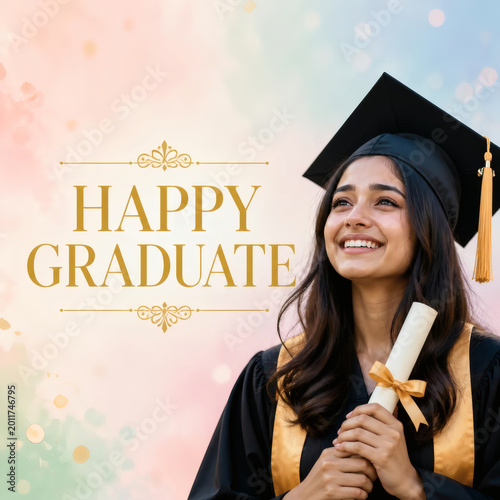 happy graduate celebrating success professional portrait with golden bold typography on soft pastel background elegant formal attire warm glowing skin joyful tears shallow depth of field modern serif