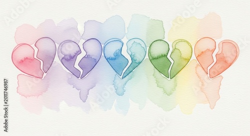 A row of six broken watercolor hearts, painted in a beautiful spectrum of rainbow colors, floats gracefully across a light, textured background.