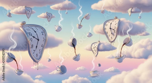 A whimsical and surreal sky scene featuring numerous melting clocks and steaming teacups floating amidst soft, fluffy clouds in a dreamlike pastel atmosphere.