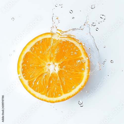 Juicy orange slice with water splash on white background