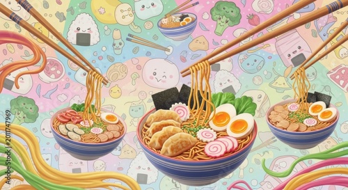 Three delightful cartoon ramen bowls brimming with noodles and toppings are held by chopsticks against a colorful, whimsical kawaii-style background filled with cute food characters.