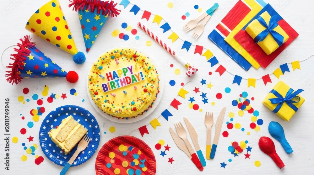 Fototapeta premium Festive birthday party setup with cake, gifts, hats, and confetti on a white background