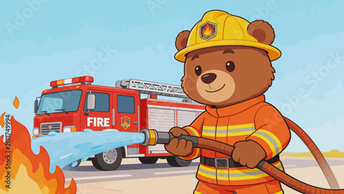 Foto Bear firefighter with fire truck