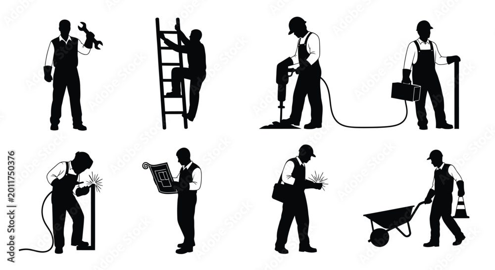 Fototapeta premium Silhouette illustrations depicting various construction workers and their tools high quality