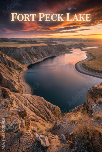Breathtaking panoramic view of a serene Fort Peck Lake at dawn, nestled among rugged cliffs under a vibrant, colorful sky, reflecting the peaceful start of a new day