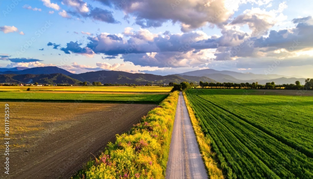 Naklejka premium Scenic Country Road Through Agricultural Fields at Sunset.