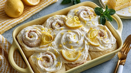 Lemon swirls nestled in a warm, creamy frosting