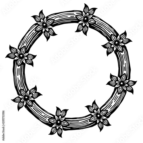 Vintage floral wreath illustration in engraved monochrome oriental style. Concept of Asian decoration and festive cultural ornament - elegant frame